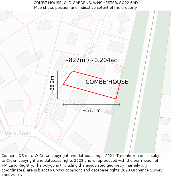 COMBE HOUSE, OLD GARDENS, WINCHESTER, SO22 6AD: Plot and title map
