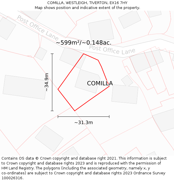 COMILLA, WESTLEIGH, TIVERTON, EX16 7HY: Plot and title map