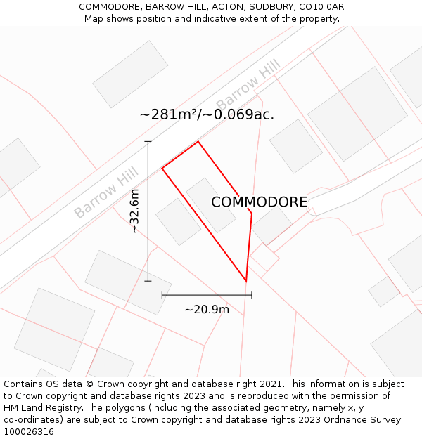 COMMODORE, BARROW HILL, ACTON, SUDBURY, CO10 0AR: Plot and title map
