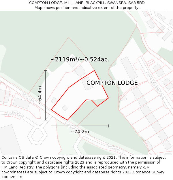 COMPTON LODGE, MILL LANE, BLACKPILL, SWANSEA, SA3 5BD: Plot and title map