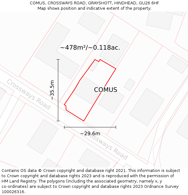 COMUS, CROSSWAYS ROAD, GRAYSHOTT, HINDHEAD, GU26 6HF: Plot and title map