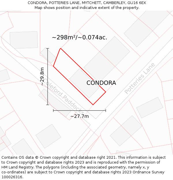 CONDORA, POTTERIES LANE, MYTCHETT, CAMBERLEY, GU16 6EX: Plot and title map