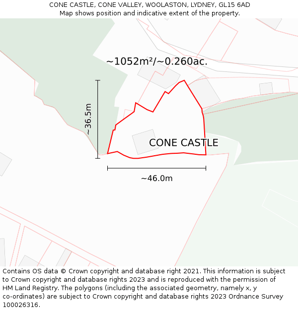CONE CASTLE, CONE VALLEY, WOOLASTON, LYDNEY, GL15 6AD: Plot and title map