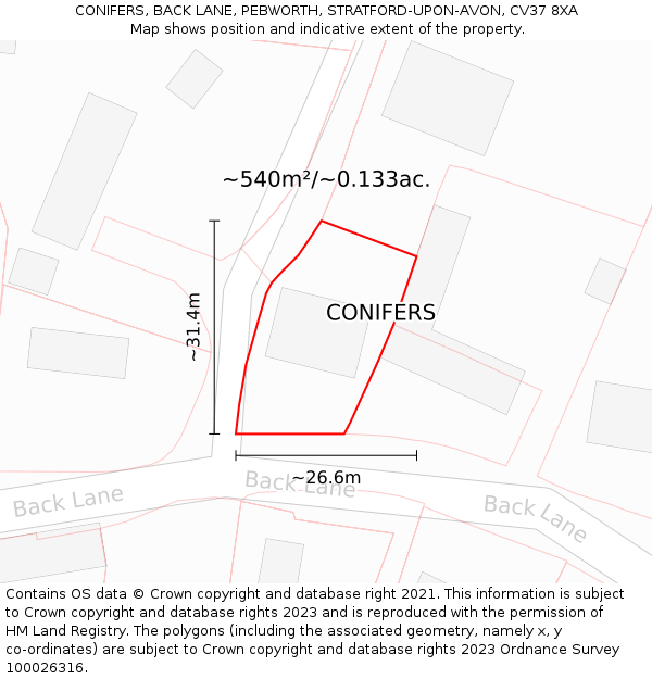 CONIFERS, BACK LANE, PEBWORTH, STRATFORD-UPON-AVON, CV37 8XA: Plot and title map