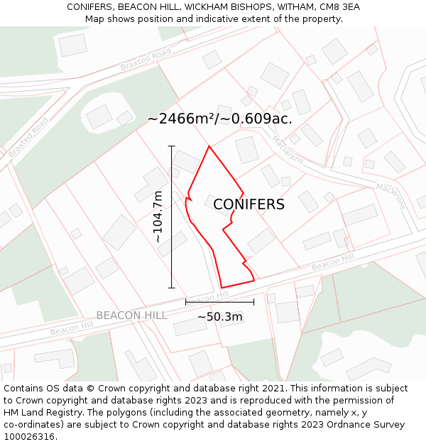 CONIFERS, BEACON HILL, WICKHAM BISHOPS, WITHAM, CM8 3EA: Plot and title map