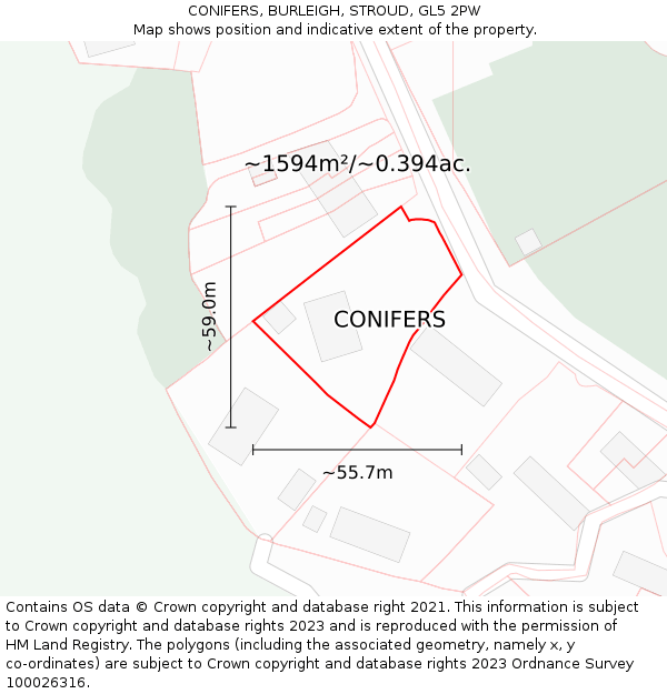 CONIFERS, BURLEIGH, STROUD, GL5 2PW: Plot and title map