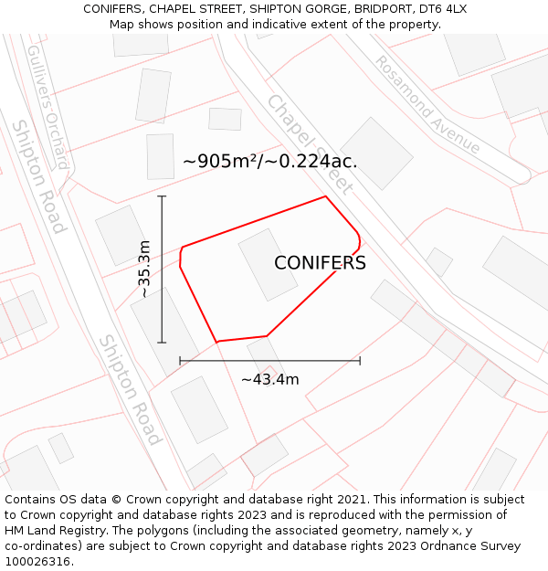 CONIFERS, CHAPEL STREET, SHIPTON GORGE, BRIDPORT, DT6 4LX: Plot and title map