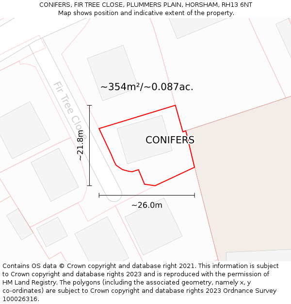 CONIFERS, FIR TREE CLOSE, PLUMMERS PLAIN, HORSHAM, RH13 6NT: Plot and title map