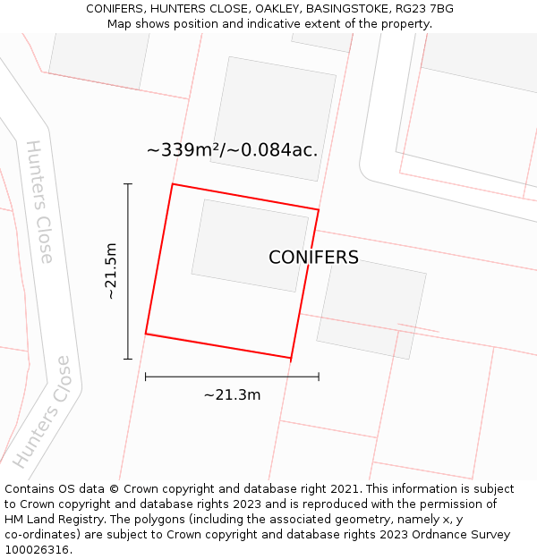CONIFERS, HUNTERS CLOSE, OAKLEY, BASINGSTOKE, RG23 7BG: Plot and title map