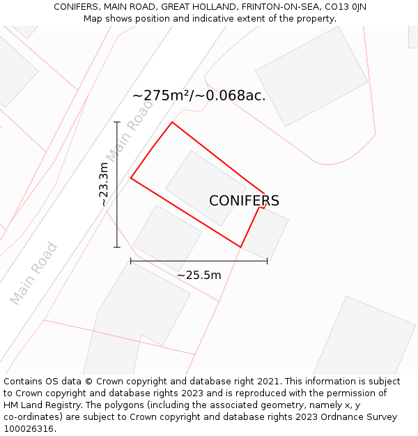 CONIFERS, MAIN ROAD, GREAT HOLLAND, FRINTON-ON-SEA, CO13 0JN: Plot and title map