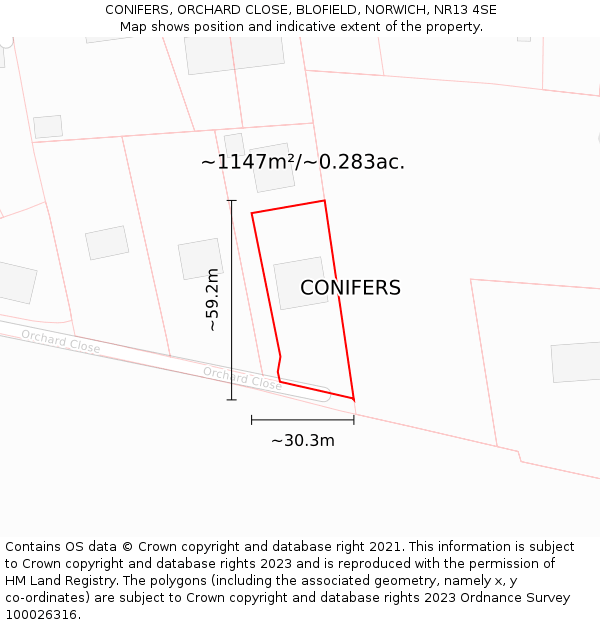 CONIFERS, ORCHARD CLOSE, BLOFIELD, NORWICH, NR13 4SE: Plot and title map