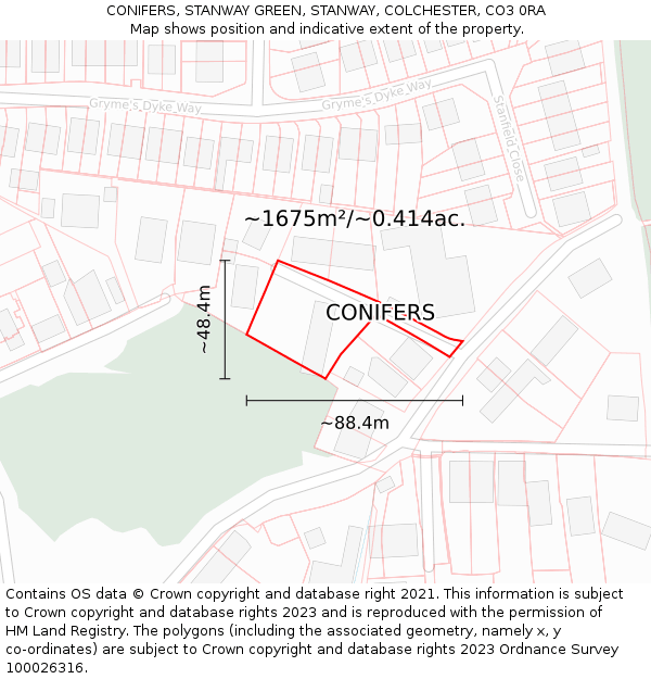 CONIFERS, STANWAY GREEN, STANWAY, COLCHESTER, CO3 0RA: Plot and title map