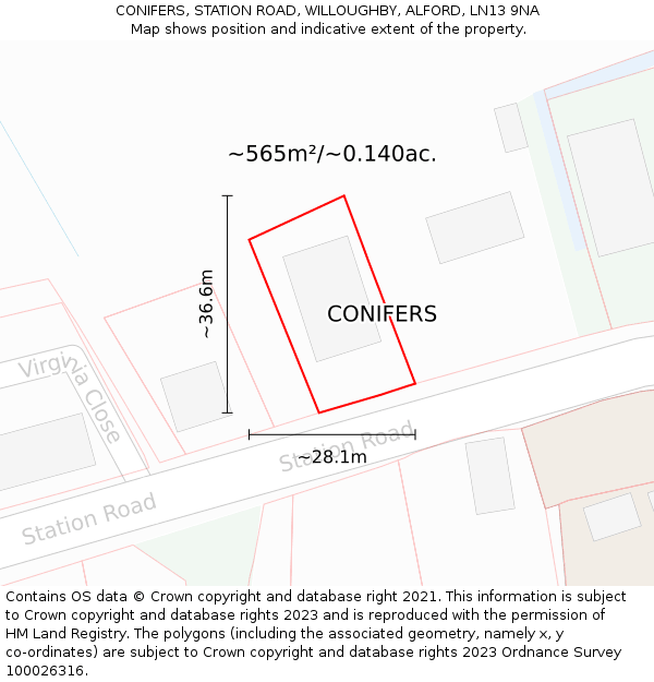 CONIFERS, STATION ROAD, WILLOUGHBY, ALFORD, LN13 9NA: Plot and title map