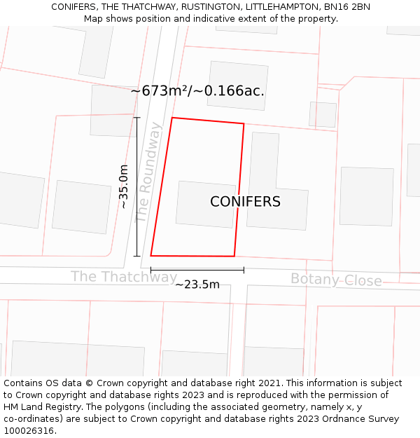 CONIFERS, THE THATCHWAY, RUSTINGTON, LITTLEHAMPTON, BN16 2BN: Plot and title map