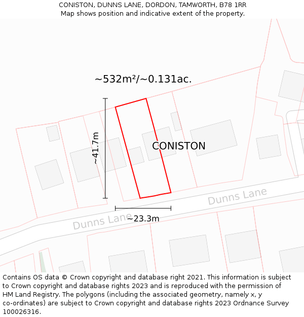 CONISTON, DUNNS LANE, DORDON, TAMWORTH, B78 1RR: Plot and title map