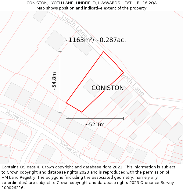 CONISTON, LYOTH LANE, LINDFIELD, HAYWARDS HEATH, RH16 2QA: Plot and title map