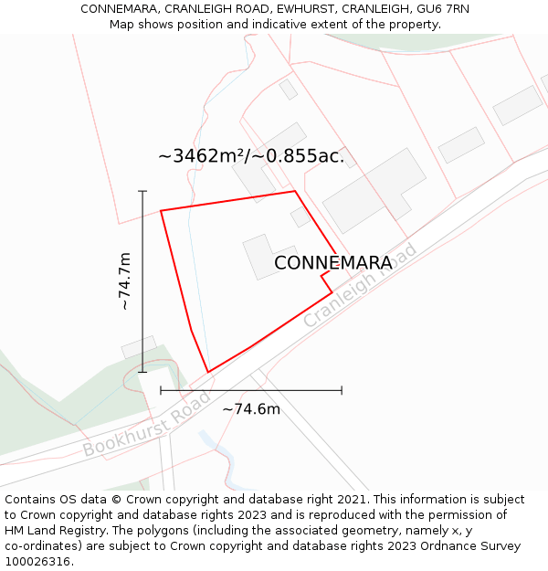CONNEMARA, CRANLEIGH ROAD, EWHURST, CRANLEIGH, GU6 7RN: Plot and title map