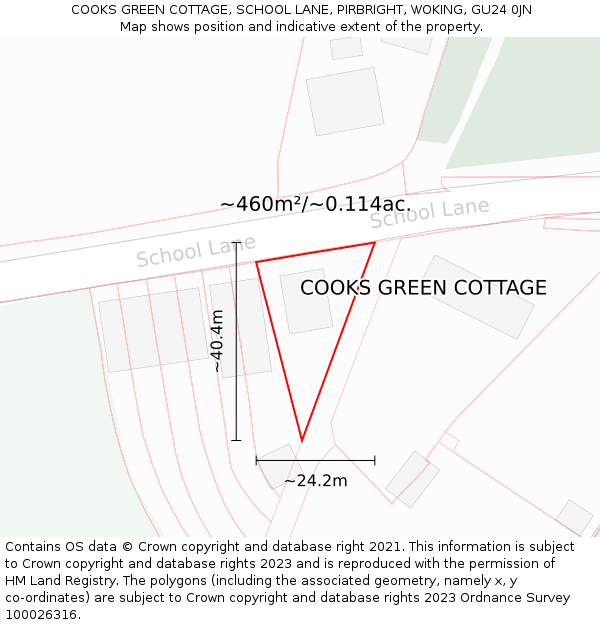 COOKS GREEN COTTAGE, SCHOOL LANE, PIRBRIGHT, WOKING, GU24 0JN: Plot and title map