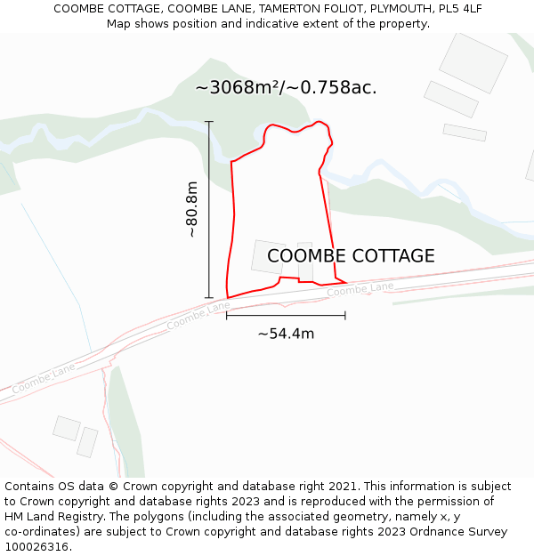COOMBE COTTAGE, COOMBE LANE, TAMERTON FOLIOT, PLYMOUTH, PL5 4LF: Plot and title map