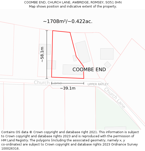 COOMBE END, CHURCH LANE, AWBRIDGE, ROMSEY, SO51 0HN: Plot and title map