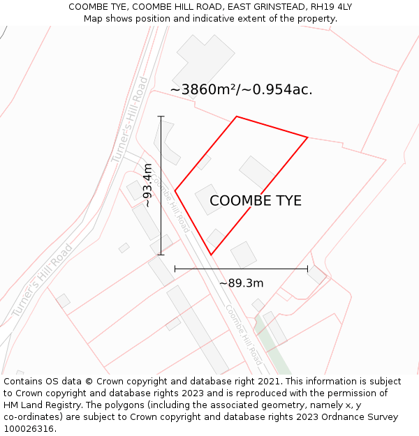 COOMBE TYE, COOMBE HILL ROAD, EAST GRINSTEAD, RH19 4LY: Plot and title map