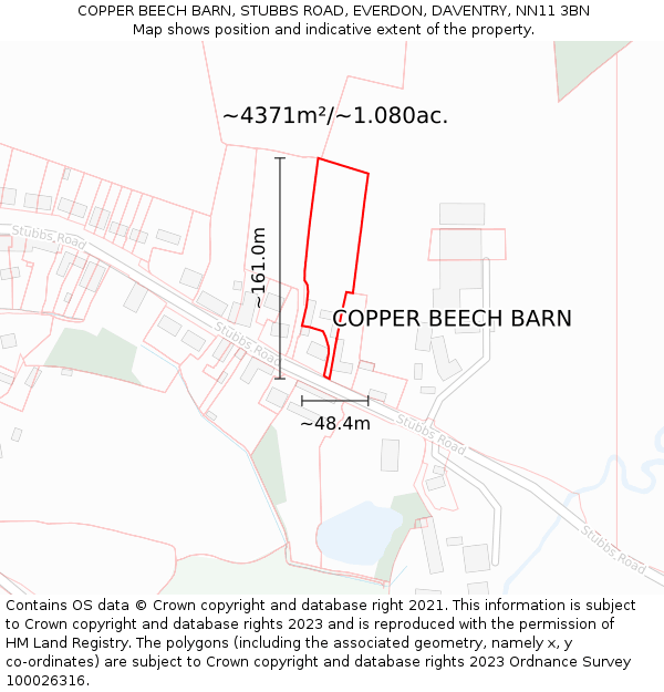 COPPER BEECH BARN, STUBBS ROAD, EVERDON, DAVENTRY, NN11 3BN: Plot and title map
