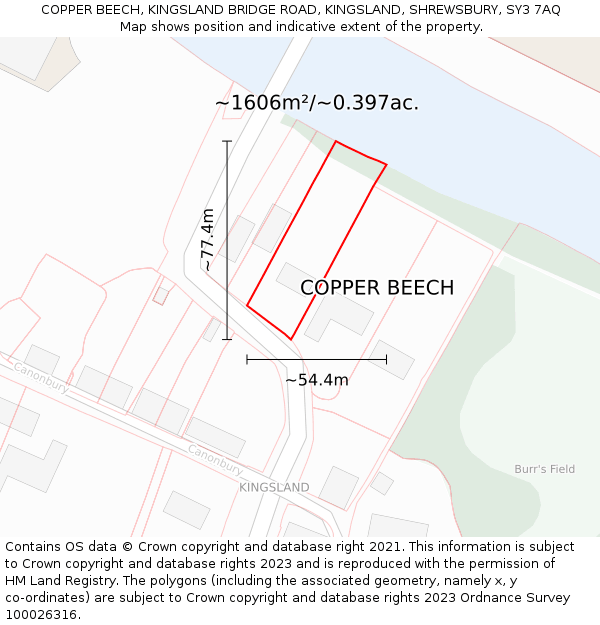 COPPER BEECH, KINGSLAND BRIDGE ROAD, KINGSLAND, SHREWSBURY, SY3 7AQ: Plot and title map