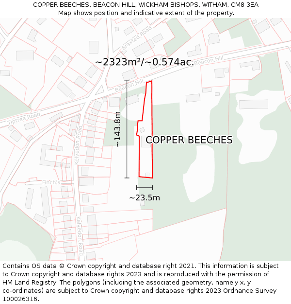 COPPER BEECHES, BEACON HILL, WICKHAM BISHOPS, WITHAM, CM8 3EA: Plot and title map