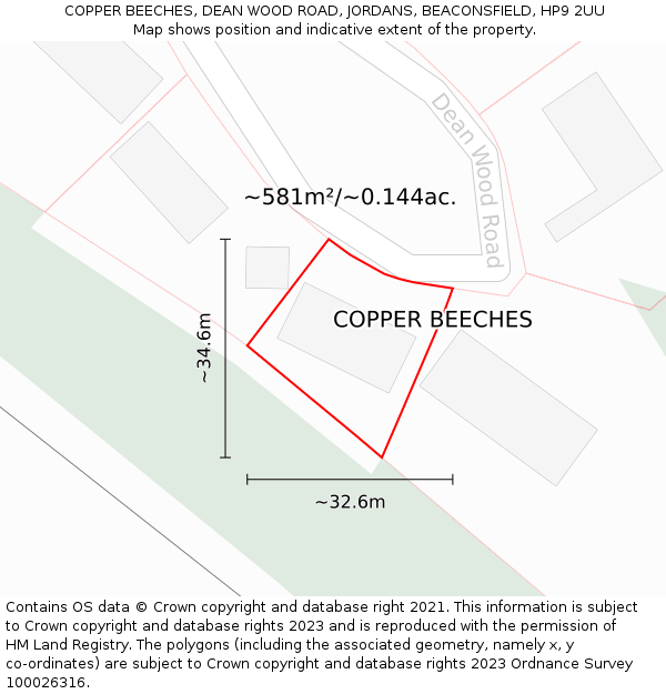 COPPER BEECHES, DEAN WOOD ROAD, JORDANS, BEACONSFIELD, HP9 2UU: Plot and title map