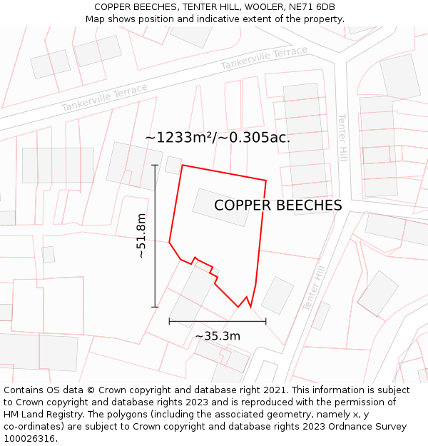 COPPER BEECHES, TENTER HILL, WOOLER, NE71 6DB: Plot and title map