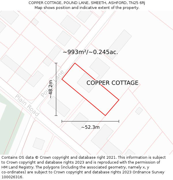 COPPER COTTAGE, POUND LANE, SMEETH, ASHFORD, TN25 6RJ: Plot and title map