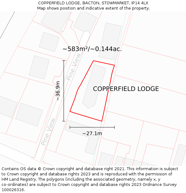 COPPERFIELD LODGE, BACTON, STOWMARKET, IP14 4LX: Plot and title map