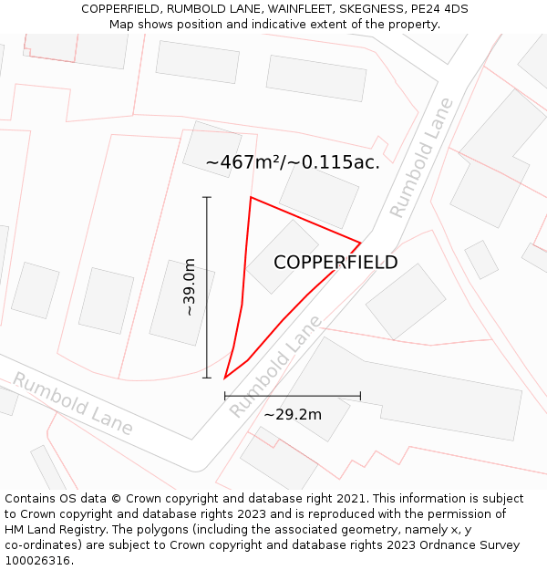 COPPERFIELD, RUMBOLD LANE, WAINFLEET, SKEGNESS, PE24 4DS: Plot and title map