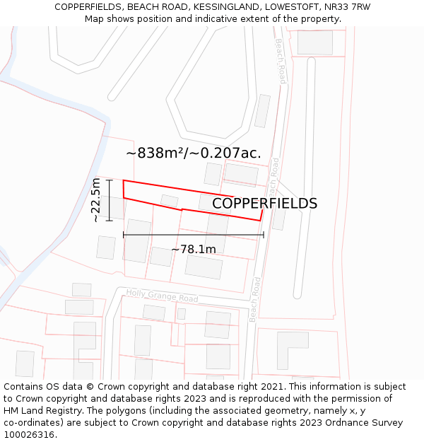 COPPERFIELDS, BEACH ROAD, KESSINGLAND, LOWESTOFT, NR33 7RW: Plot and title map