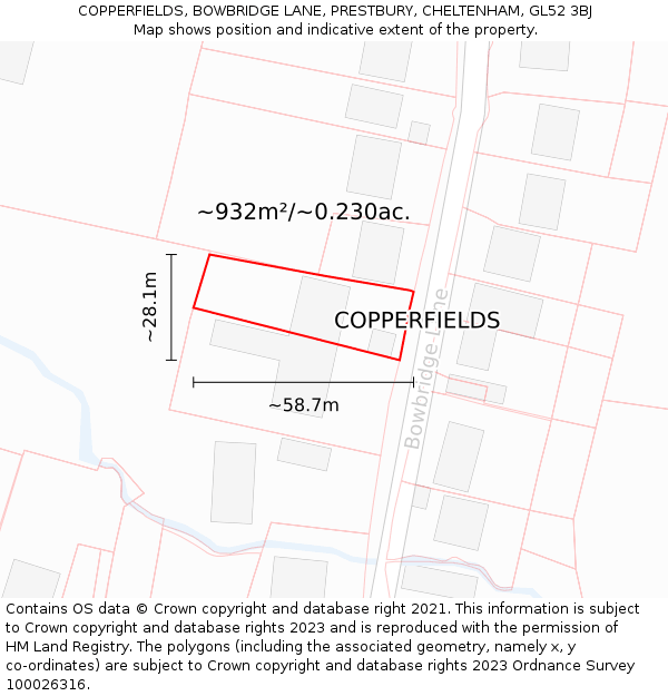 COPPERFIELDS, BOWBRIDGE LANE, PRESTBURY, CHELTENHAM, GL52 3BJ: Plot and title map
