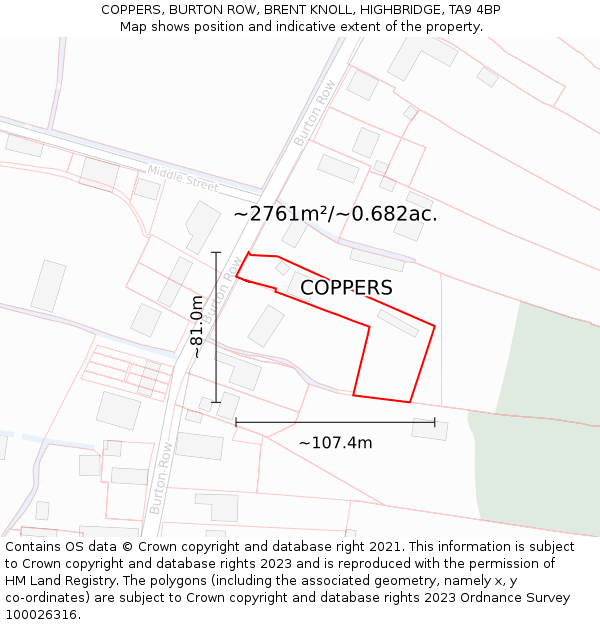 COPPERS, BURTON ROW, BRENT KNOLL, HIGHBRIDGE, TA9 4BP: Plot and title map