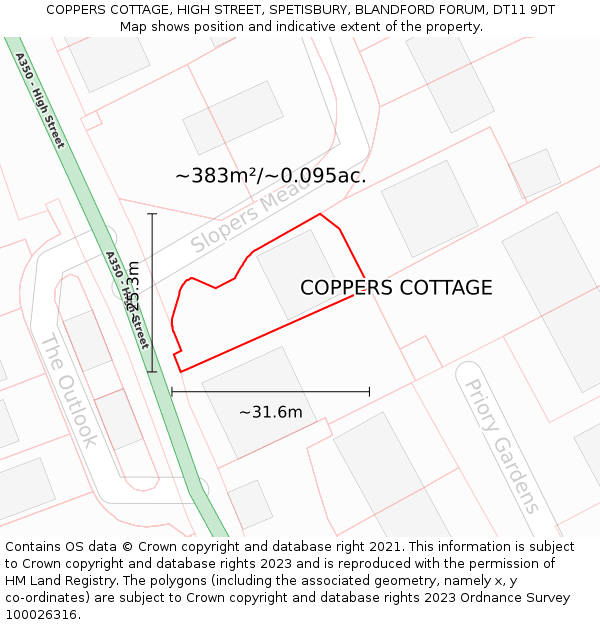 COPPERS COTTAGE, HIGH STREET, SPETISBURY, BLANDFORD FORUM, DT11 9DT: Plot and title map