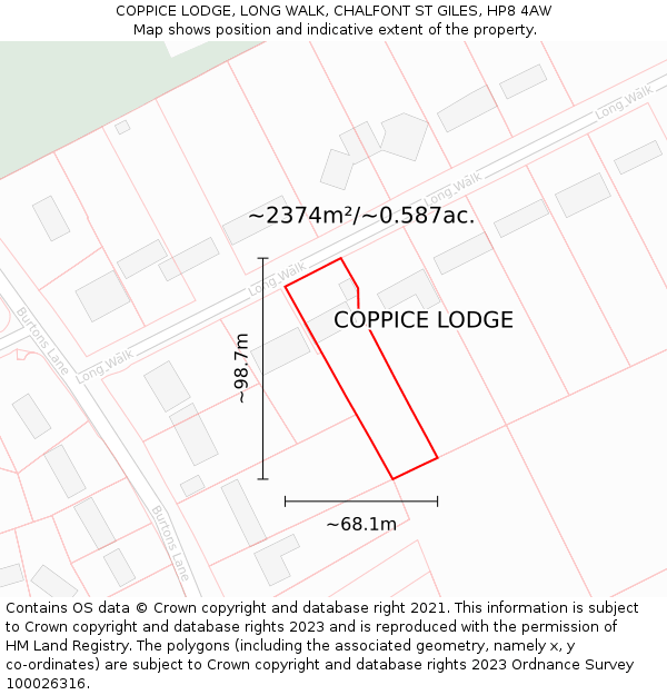 COPPICE LODGE, LONG WALK, CHALFONT ST GILES, HP8 4AW: Plot and title map