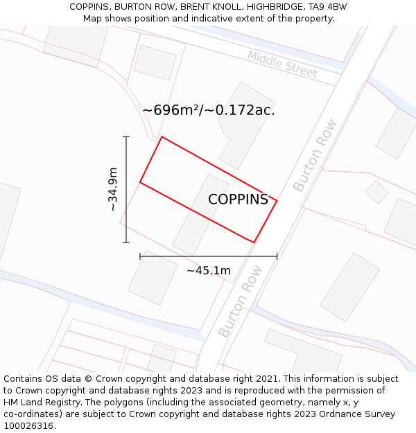 COPPINS, BURTON ROW, BRENT KNOLL, HIGHBRIDGE, TA9 4BW: Plot and title map