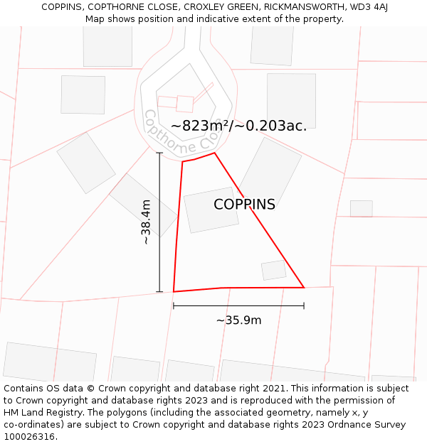 COPPINS, COPTHORNE CLOSE, CROXLEY GREEN, RICKMANSWORTH, WD3 4AJ: Plot and title map
