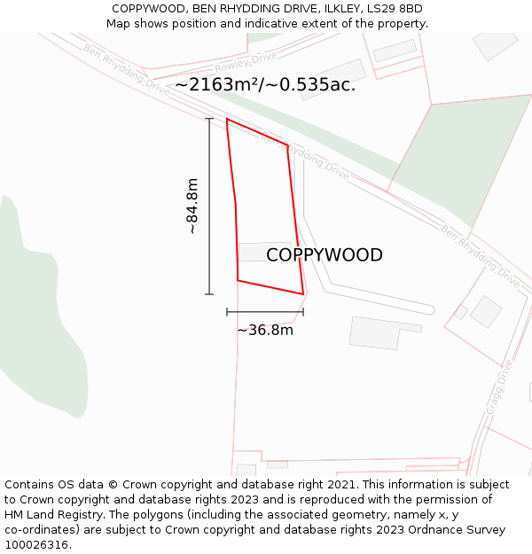 COPPYWOOD, BEN RHYDDING DRIVE, ILKLEY, LS29 8BD: Plot and title map