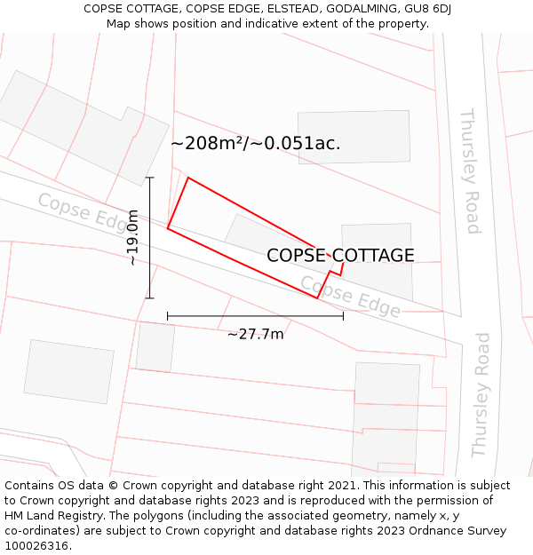 COPSE COTTAGE, COPSE EDGE, ELSTEAD, GODALMING, GU8 6DJ: Plot and title map
