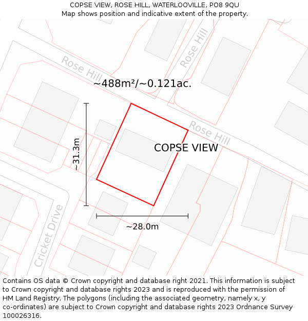 COPSE VIEW, ROSE HILL, WATERLOOVILLE, PO8 9QU: Plot and title map