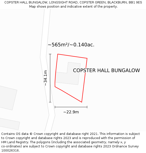 COPSTER HALL BUNGALOW, LONGSIGHT ROAD, COPSTER GREEN, BLACKBURN, BB1 9ES: Plot and title map