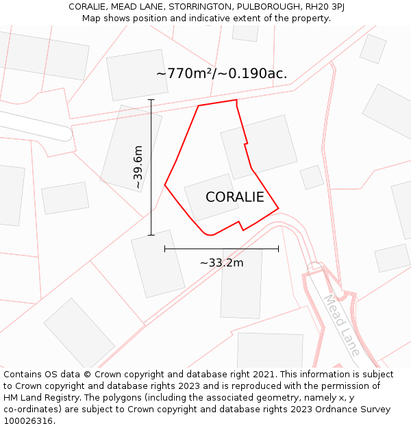 CORALIE, MEAD LANE, STORRINGTON, PULBOROUGH, RH20 3PJ: Plot and title map