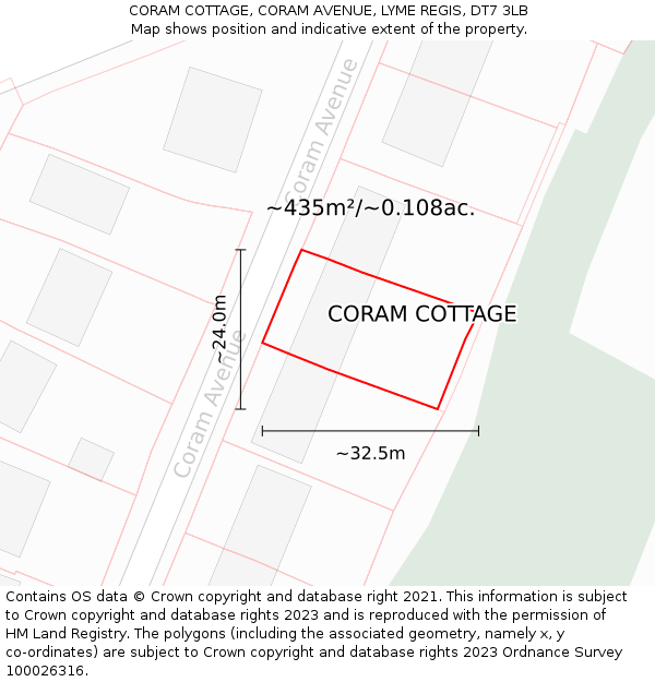 CORAM COTTAGE, CORAM AVENUE, LYME REGIS, DT7 3LB: Plot and title map
