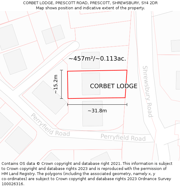 CORBET LODGE, PRESCOTT ROAD, PRESCOTT, SHREWSBURY, SY4 2DR: Plot and title map