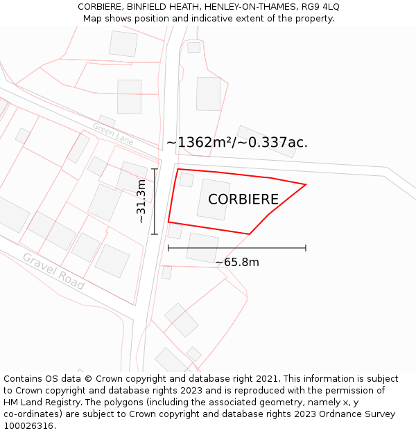CORBIERE, BINFIELD HEATH, HENLEY-ON-THAMES, RG9 4LQ: Plot and title map