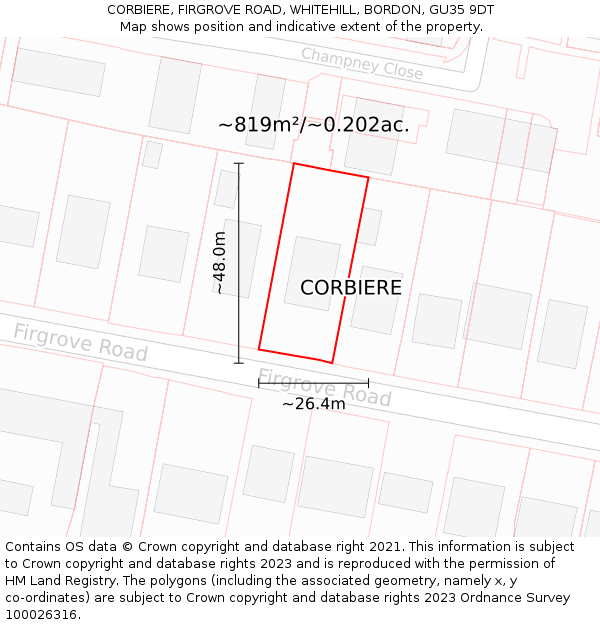 CORBIERE, FIRGROVE ROAD, WHITEHILL, BORDON, GU35 9DT: Plot and title map