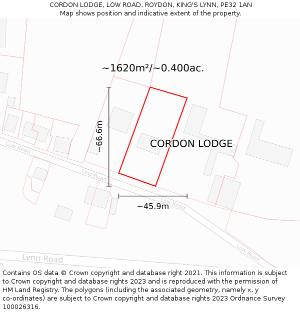 CORDON LODGE, LOW ROAD, ROYDON, KING'S LYNN, PE32 1AN: Plot and title map